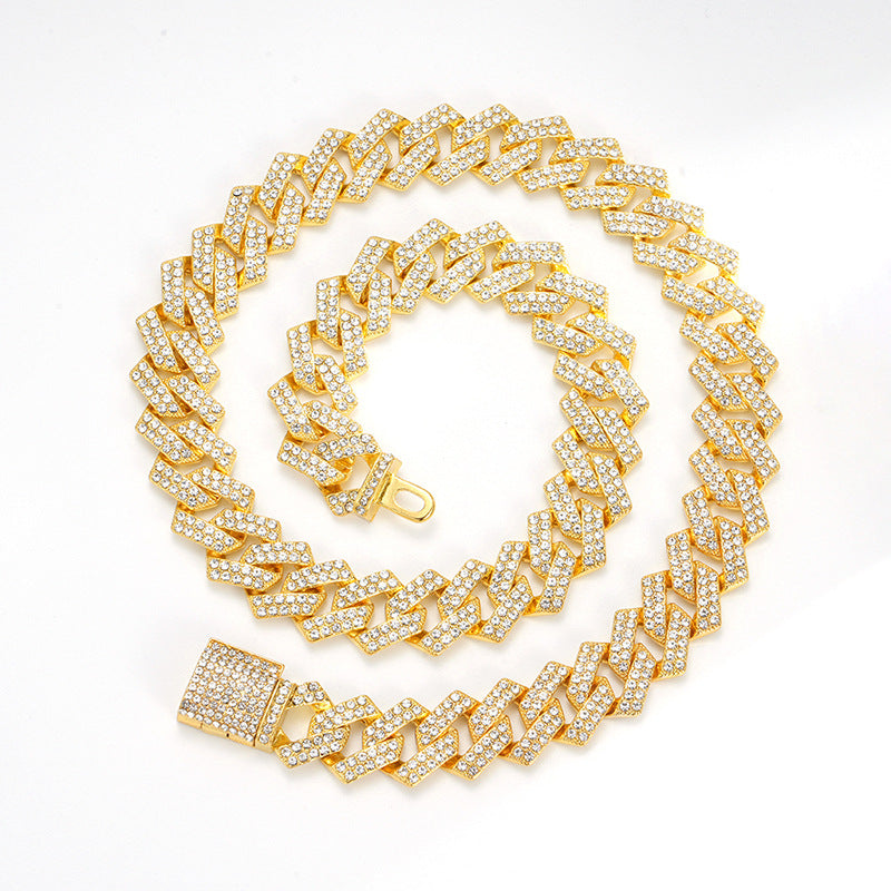 Xindi European and American Popular Men's Necklace 15mm Exaggerated Diamond Geometric Trendy Hip-Hop Jewelry Large Gold Chain Necklace