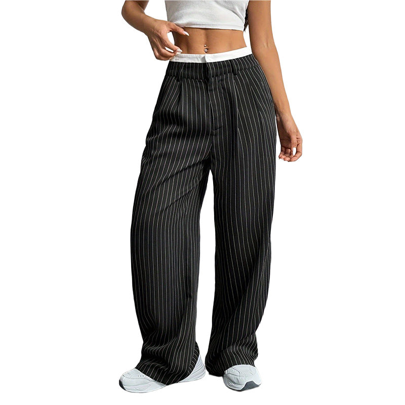 2025 Spring and Summer New Cross-border Design Sense Pants Casual High Waist Stitching Pants Simple Dosing Sense Loose Straight Leg Pants