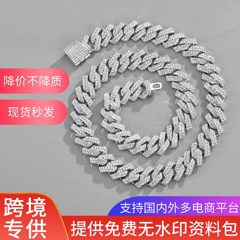 Xindi European and American Popular Men's Necklace 15mm Exaggerated Diamond Geometric Trendy Hip-Hop Jewelry Large Gold Chain Necklace