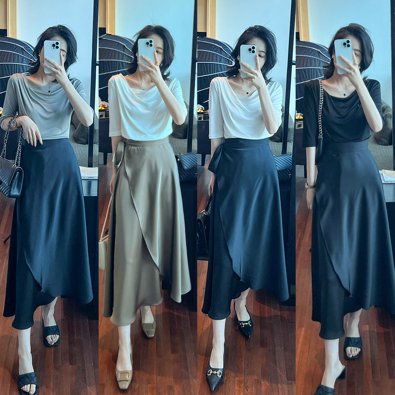 2024 Summer New Fashion Elegant All-match Slim Shoulder Half-sleeve T-shirt Draped Double Split Umbrella Skirt Two-piece Set