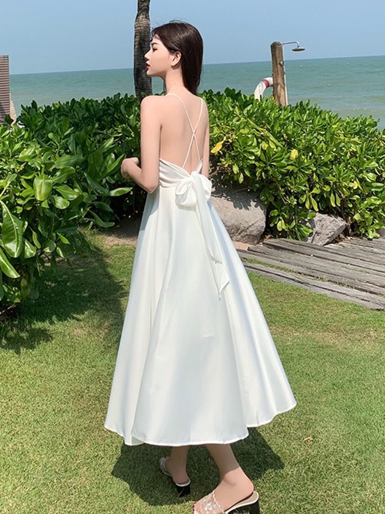 Sanya Travel Wear Internet Popular Sling Backless dress Summer Slim White Fairy Dress Seaside Holiday Beach Dress