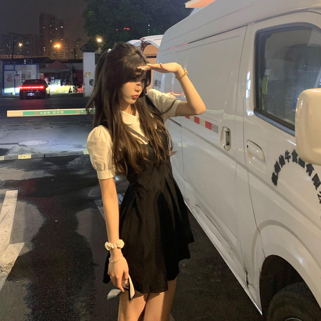 French Design Sense suit 2024 New College Style Women's Wear Spring Black Strap Sweet and Spicy dress Summer