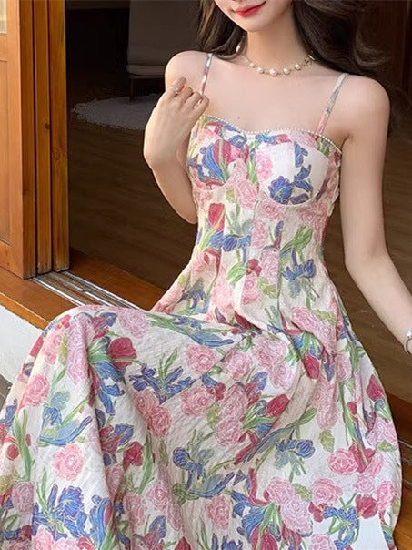 2024 New retro floral strap dress women's summer fairy beach dress high-grade mid-length dress elegant all-match