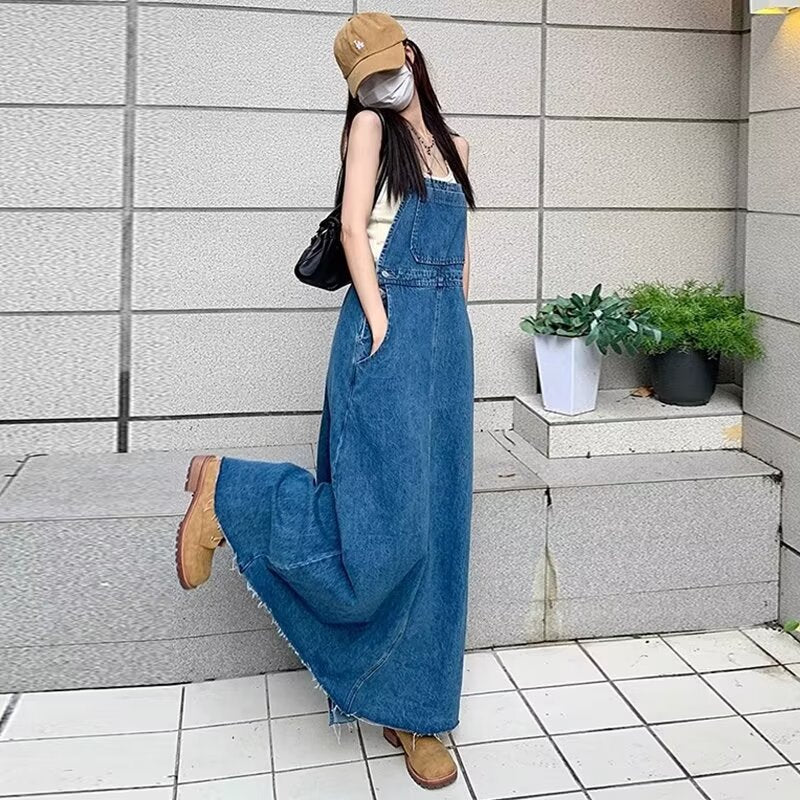 Age-Reducing and Slimming Denim Suspender Dress for Women, 2026 Autumn New Style, Loose Fit, Long Dress for Tall Women, Blue Dress