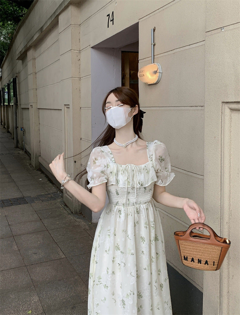 Gentle Floral Dress for Women, Summer 2026 New Chiffon Seaside Vacation First Love Dress, Puff Sleeve Long Dress