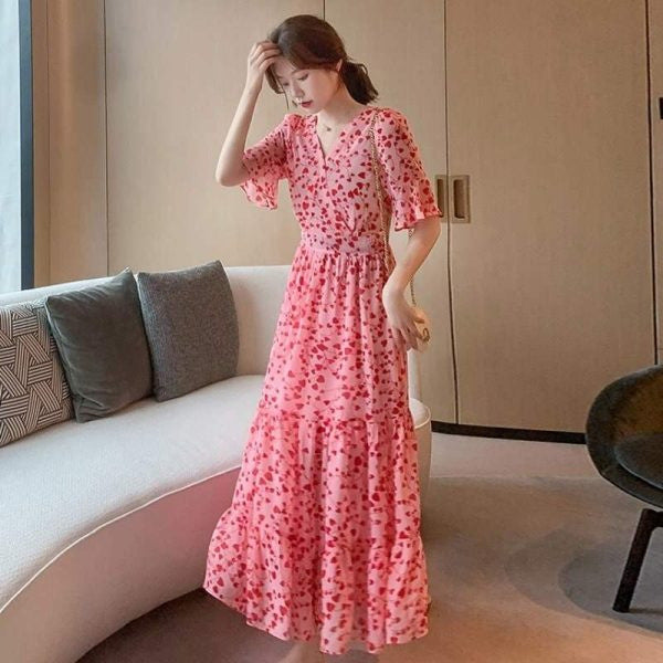 2024 Summer dress Summer plus size Women's New Loose Slimming Belly Covering Plus Weight Plus Chiffon Long Dress All-match