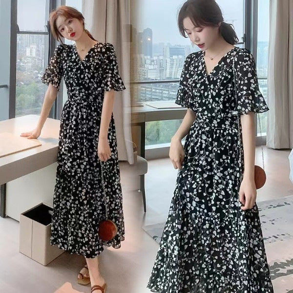 2024 Summer dress Summer plus size Women's New Loose Slimming Belly Covering Plus Weight Plus Chiffon Long Dress All-match