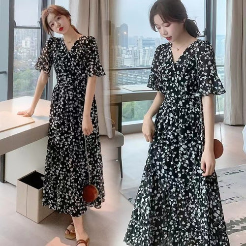 2024 Summer dress Summer plus size Women's New Loose Slimming Belly Covering Plus Weight Plus Chiffon Long Dress All-match
