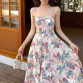 2024 New retro floral strap dress women's summer fairy beach dress high-grade mid-length dress elegant all-match