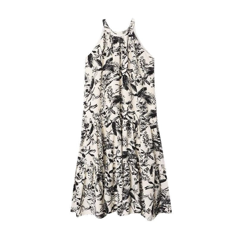 French Ink Print Sling dress Summer 2024 New Elegant Cool Beach Seaside Holiday Midi Dress