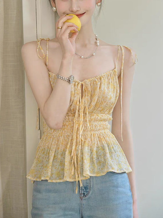 Midsummer Oil Painting Series & High-set Oblique Cut Mid-length French Printed Sling dress