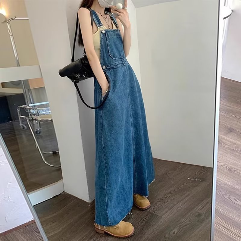 Age-Reducing and Slimming Denim Suspender Dress for Women, 2026 Autumn New Style, Loose Fit, Long Dress for Tall Women, Blue Dress