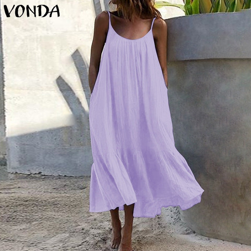 2024 Summer European and American New Ruffled Solid Color Long Dress Sleeveless Loose Thin Shoulder Strap Dress Summer dress