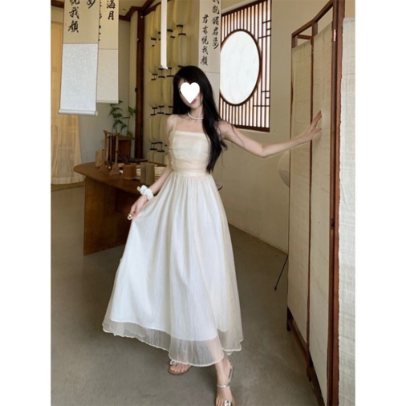 Strapless dress Women's Summer New Super Fairy Waist Slimming Mesh Vintage Elegant First Love Dress