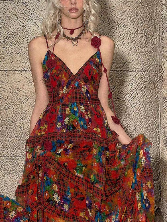 TheNeverMo Fireworks Burning Spring French Retro V-neck Strap Floral Long Dress for Holiday dress Summer