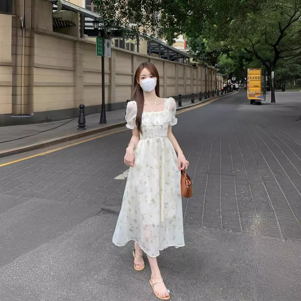 Gentle Floral Dress for Women, Summer 2026 New Chiffon Seaside Vacation First Love Dress, Puff Sleeve Long Dress