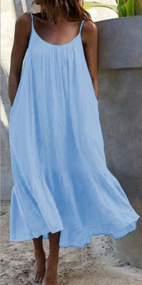 2024 Summer European and American New Ruffled Solid Color Long Dress Sleeveless Loose Thin Shoulder Strap Dress Summer dress