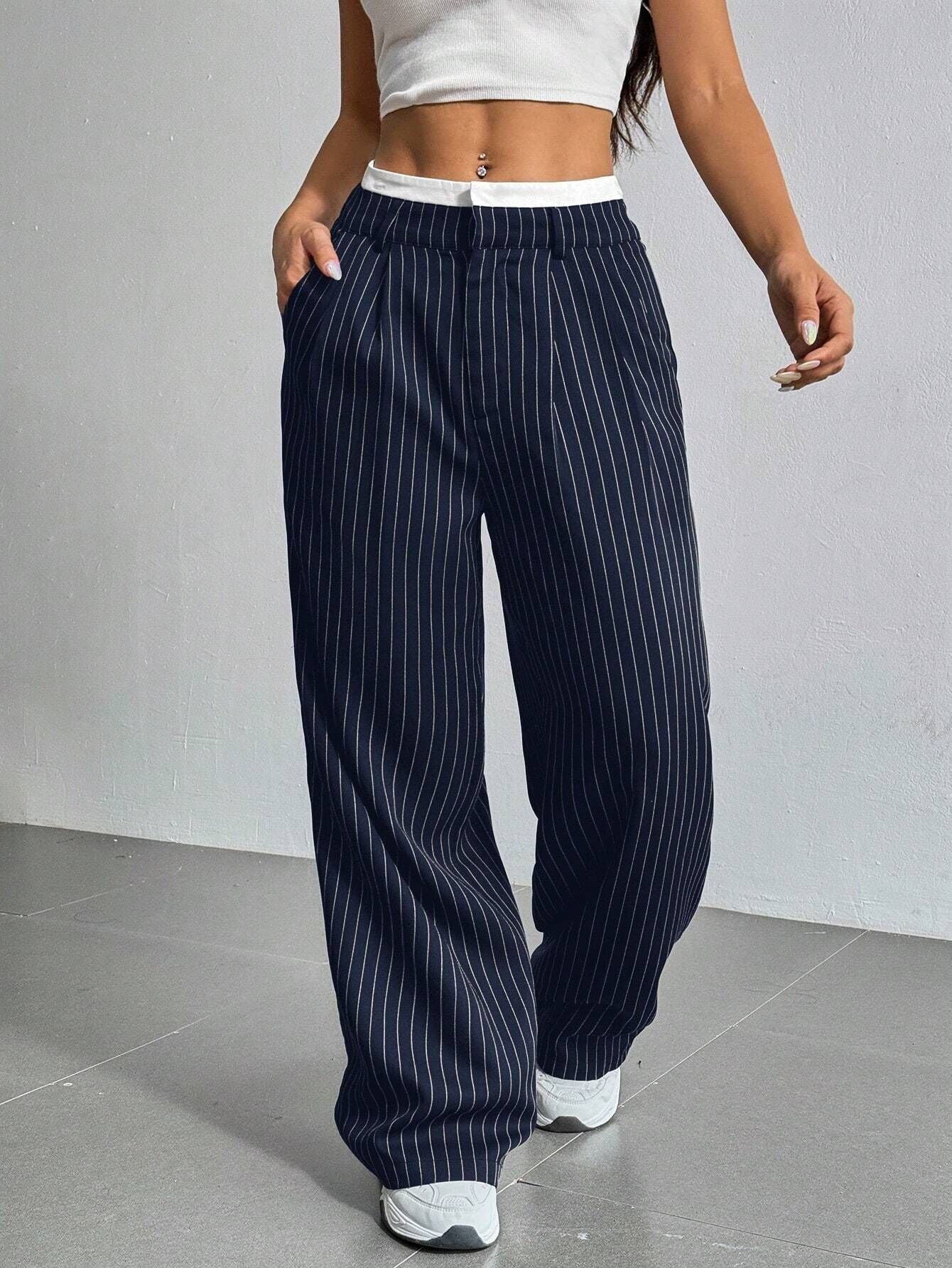 2025 Spring and Summer New Cross-border Design Sense Pants Casual High Waist Stitching Pants Simple Dosing Sense Loose Straight Leg Pants