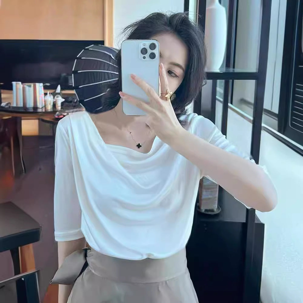2024 Summer New Fashion Elegant All-match Slim Shoulder Half-sleeve T-shirt Draped Double Split Umbrella Skirt Two-piece Set