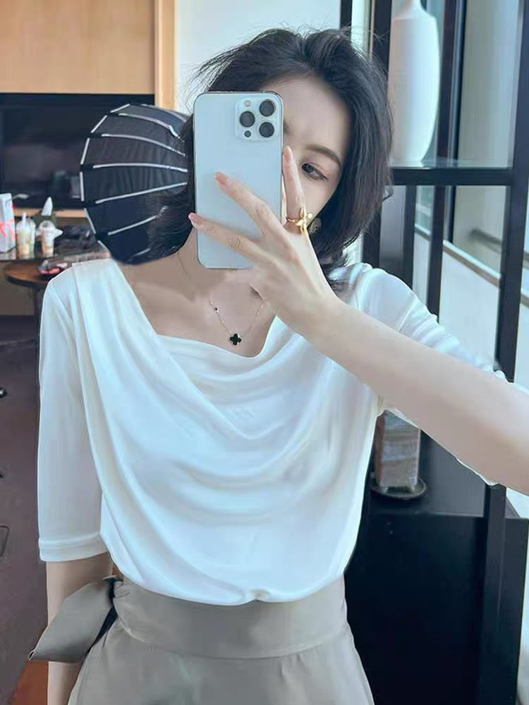 2024 Summer New Fashion Elegant All-match Slim Shoulder Half-sleeve T-shirt Draped Double Split Umbrella Skirt Two-piece Set