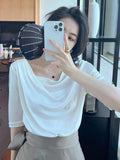 2024 Summer New Fashion Elegant All-match Slim Shoulder Half-sleeve T-shirt Draped Double Split Umbrella Skirt Two-piece Set