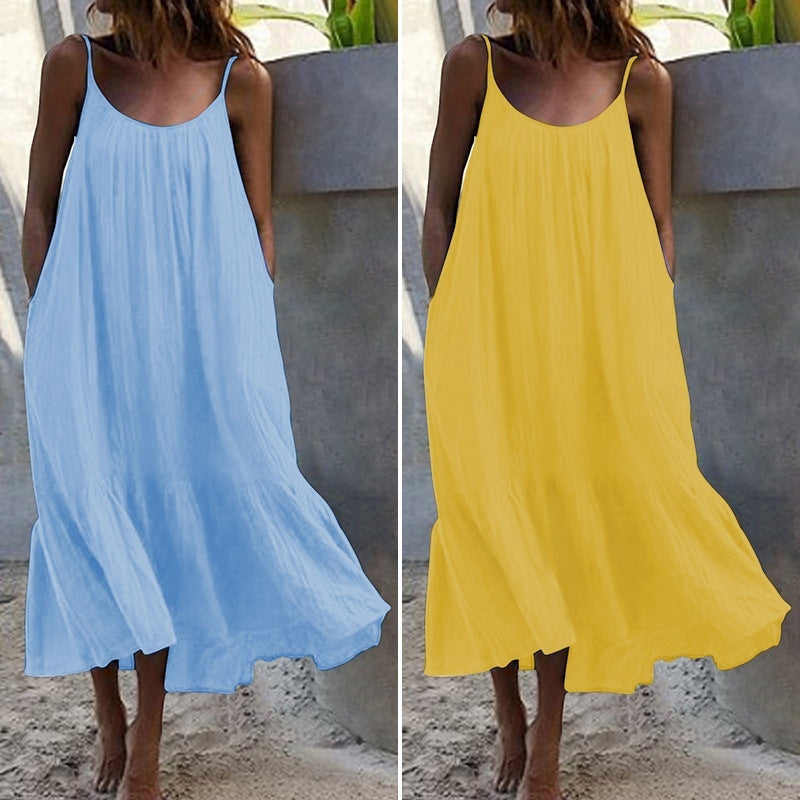 2024 Summer European and American New Ruffled Solid Color Long Dress Sleeveless Loose Thin Shoulder Strap Dress Summer dress