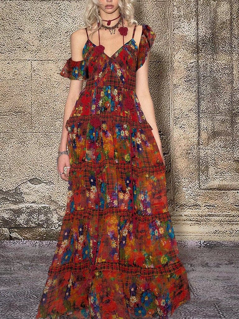 TheNeverMo Fireworks Burning Spring French Retro V-neck Strap Floral Long Dress for Holiday dress Summer