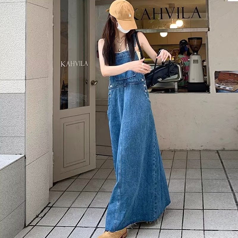 Age-Reducing and Slimming Denim Suspender Dress for Women, 2026 Autumn New Style, Loose Fit, Long Dress for Tall Women, Blue Dress