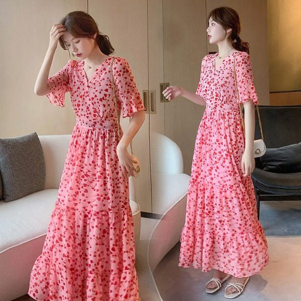 2024 Summer dress Summer plus size Women's New Loose Slimming Belly Covering Plus Weight Plus Chiffon Long Dress All-match