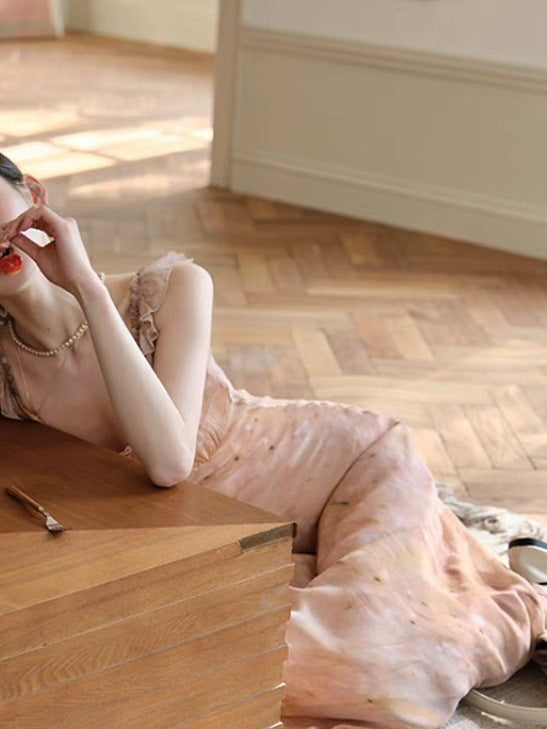Midsummer Oil Painting Series & High-set Oblique Cut Mid-length French Printed Sling dress