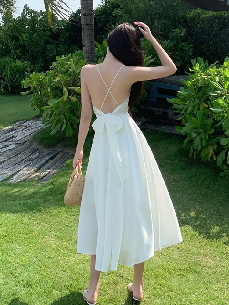 Sanya Travel Wear Internet Popular Sling Backless dress Summer Slim White Fairy Dress Seaside Holiday Beach Dress