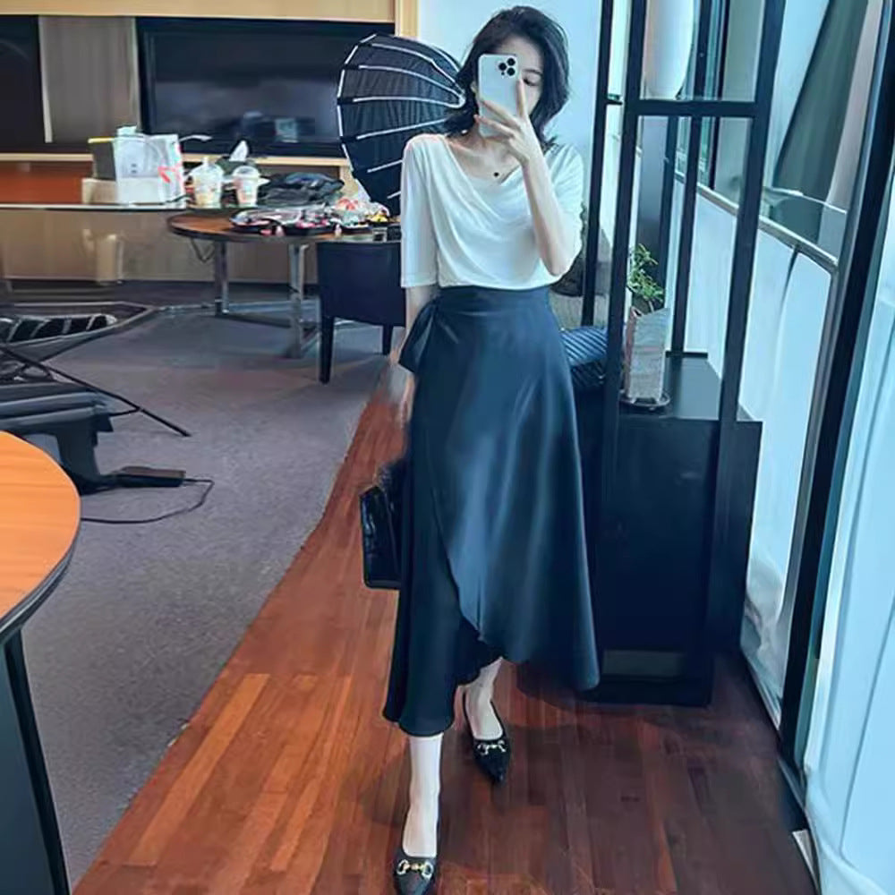 2024 Summer New Fashion Elegant All-match Slim Shoulder Half-sleeve T-shirt Draped Double Split Umbrella Skirt Two-piece Set