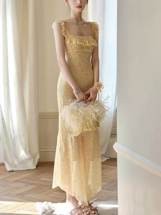 Midsummer Oil Painting Series & High-set Oblique Cut Mid-length French Printed Sling dress