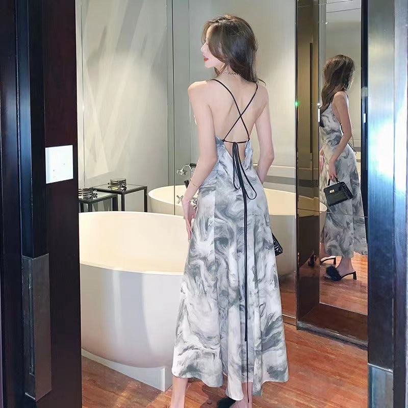Elegant Socialite High Waist Sling dress Summer 2023 New French Backless Design Chic Midi Dress