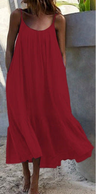 2024 Summer European and American New Ruffled Solid Color Long Dress Sleeveless Loose Thin Shoulder Strap Dress Summer dress