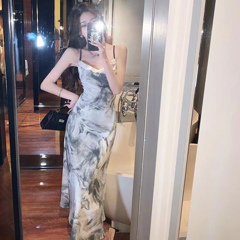 Elegant Socialite High Waist Sling dress Summer 2023 New French Backless Design Chic Midi Dress