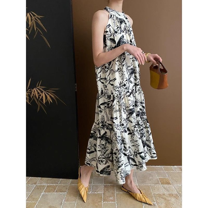 French Ink Print Sling dress Summer 2024 New Elegant Cool Beach Seaside Holiday Midi Dress