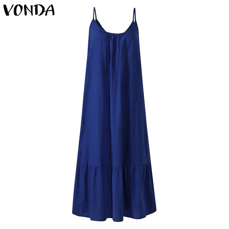 2024 Summer European and American New Ruffled Solid Color Long Dress Sleeveless Loose Thin Shoulder Strap Dress Summer dress