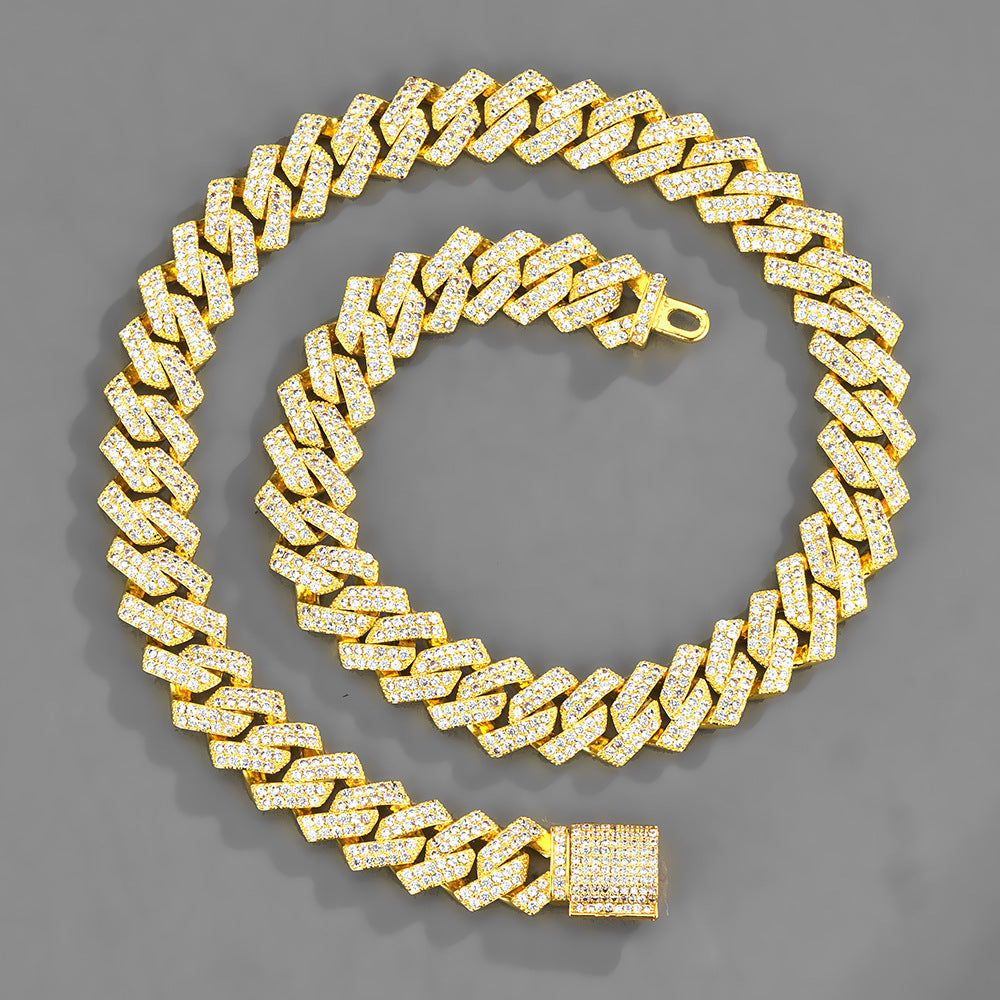 Xindi European and American Popular Men's Necklace 15mm Exaggerated Diamond Geometric Trendy Hip-Hop Jewelry Large Gold Chain Necklace