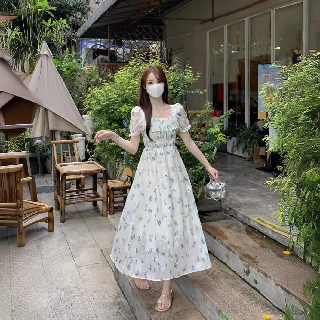 Gentle Floral Dress for Women, Summer 2026 New Chiffon Seaside Vacation First Love Dress, Puff Sleeve Long Dress