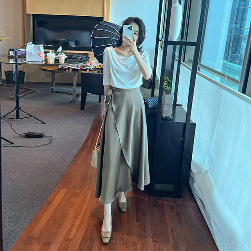 2024 Summer New Fashion Elegant All-match Slim Shoulder Half-sleeve T-shirt Draped Double Split Umbrella Skirt Two-piece Set