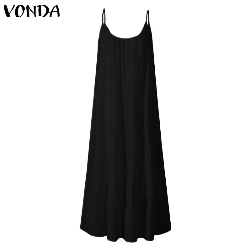 2024 Summer European and American New Ruffled Solid Color Long Dress Sleeveless Loose Thin Shoulder Strap Dress Summer dress