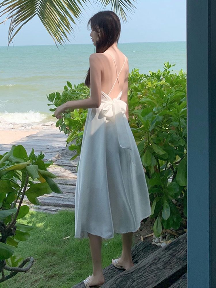 Sanya Travel Wear Internet Popular Sling Backless dress Summer Slim White Fairy Dress Seaside Holiday Beach Dress