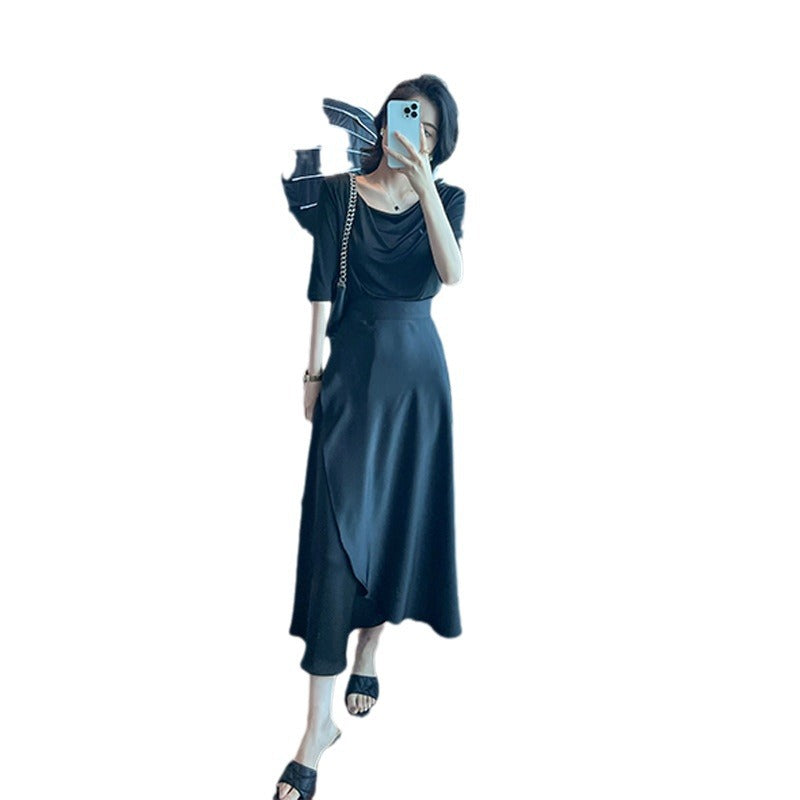 2024 Summer New Fashion Elegant All-match Slim Shoulder Half-sleeve T-shirt Draped Double Split Umbrella Skirt Two-piece Set