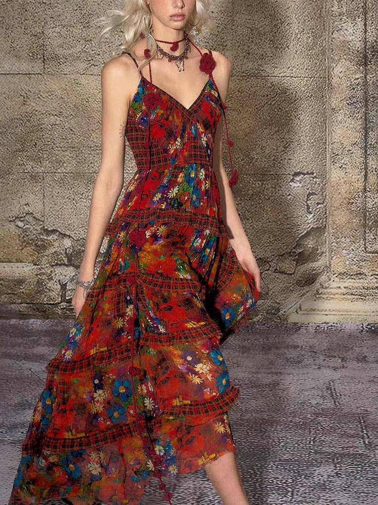 TheNeverMo Fireworks Burning Spring French Retro V-neck Strap Floral Long Dress for Holiday dress Summer