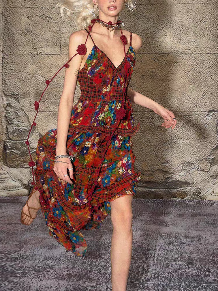 TheNeverMo Fireworks Burning Spring French Retro V-neck Strap Floral Long Dress for Holiday dress Summer