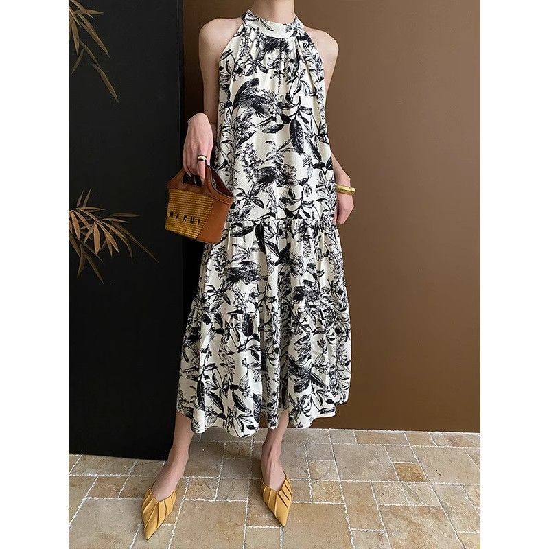 French Ink Print Sling dress Summer 2024 New Elegant Cool Beach Seaside Holiday Midi Dress