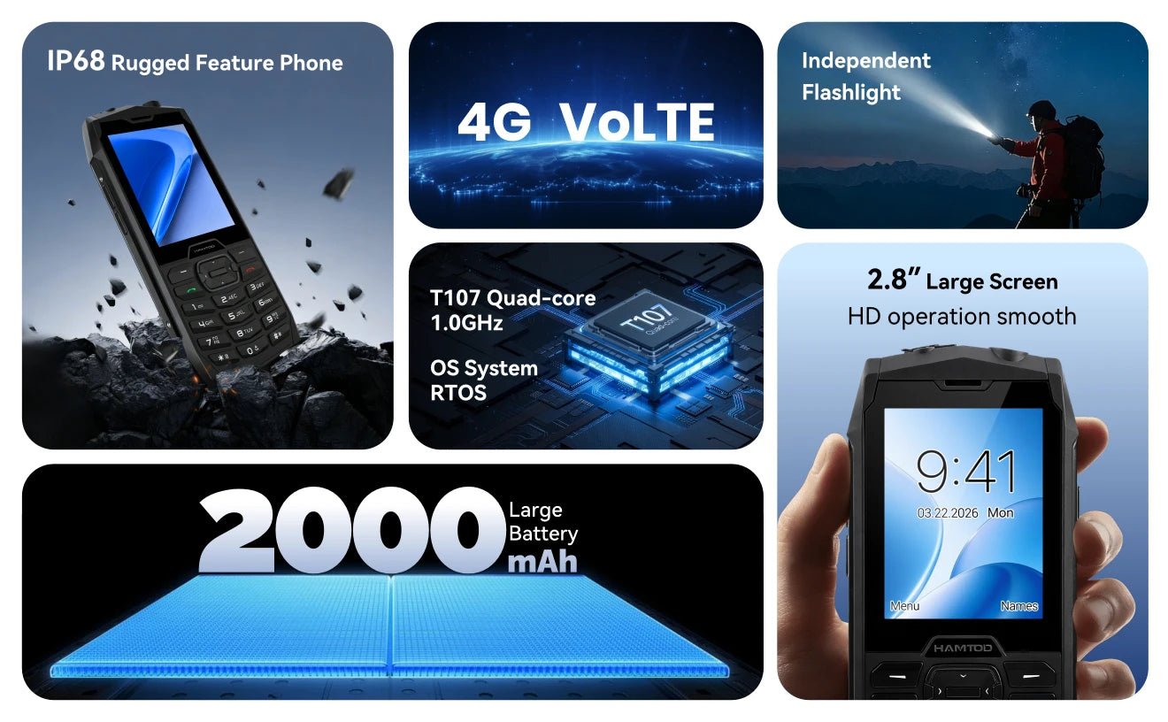 HAMTOD H3 Rugged Phone 2.8 inch HD Screen Quad-core 2000mAh Battery 0.3MP Camera 4G VoLTE
