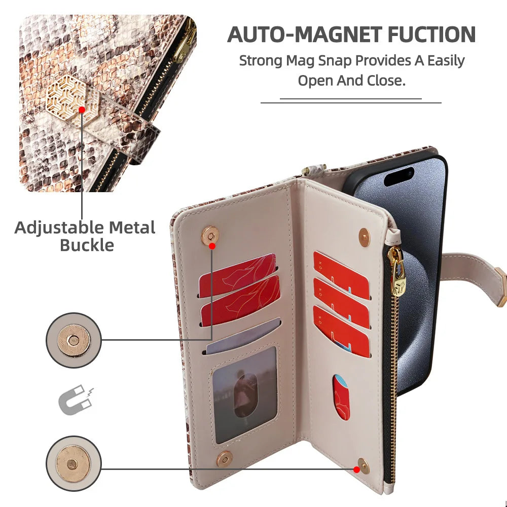 Metal Shoulder Strap Wallet Case for iPhone 18 Pro Max 14 12 11 13 15 16 17 Pro Max Lady Leather Card Slots Pocket Lanyard Cover