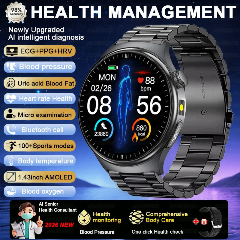 2026 Fashion New Expert level Health Smart Watch Men ECG+PPG Laser Monitor Uric Acid Blood Fat Blood Pressure HD Call Smartwatch